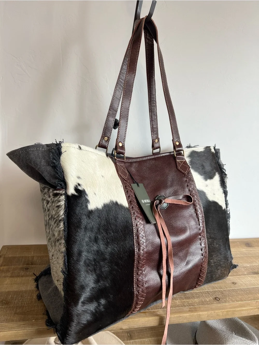 Myra Bag Cowhide Weekender Tote Overnight Leather Western Boho Shoulder Carry-on - Picture 10 of 13